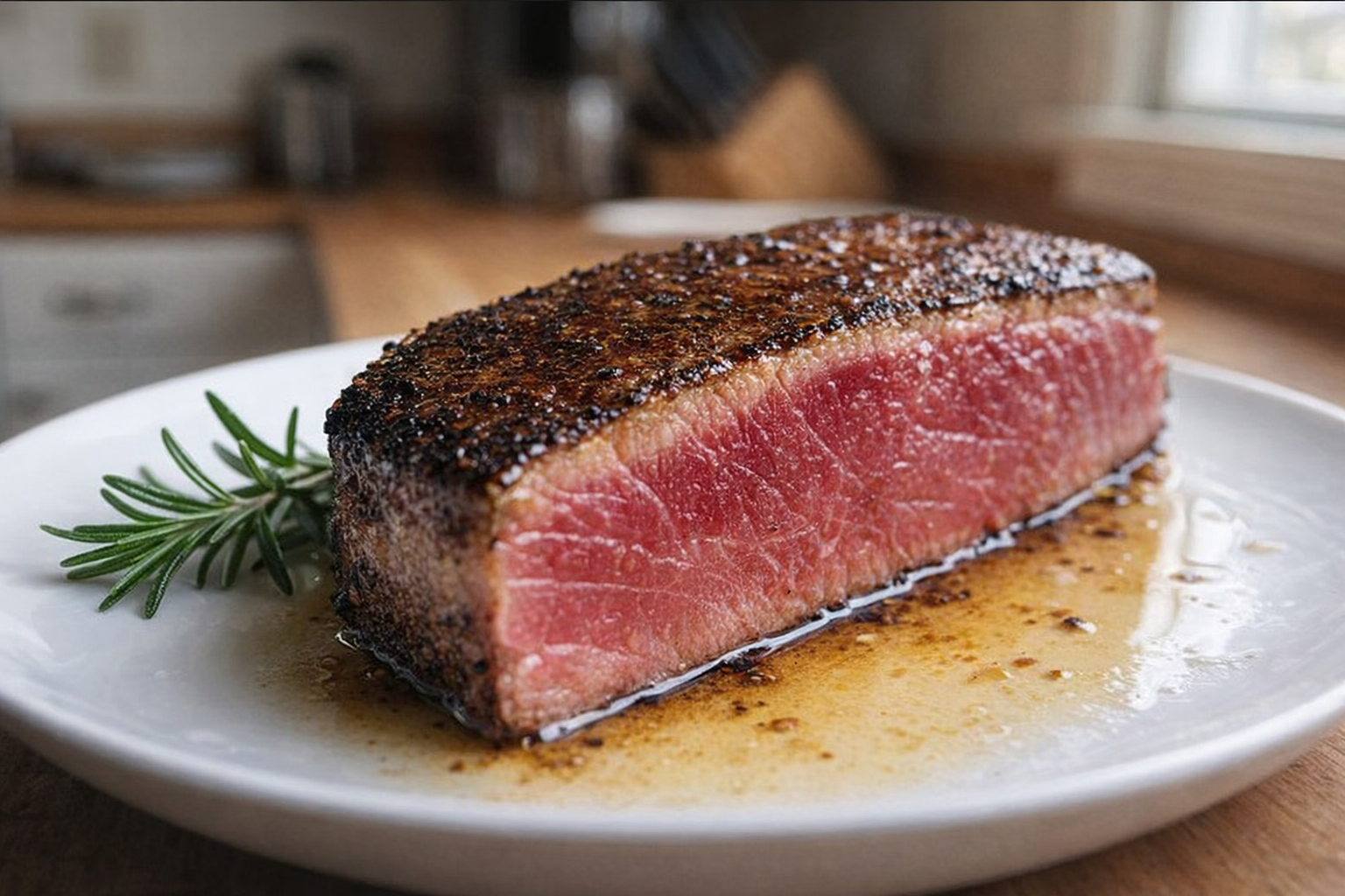 A perfectly seared tuna steak, glistening with oil, showing a dark seared edge and a vibrant red, almost raw center, served on a white plate with a sprig of rosemary